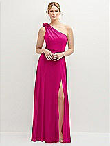 Front View Thumbnail - Think Pink Handworked Flower Trimmed One-Shoulder Chiffon Maxi Dress