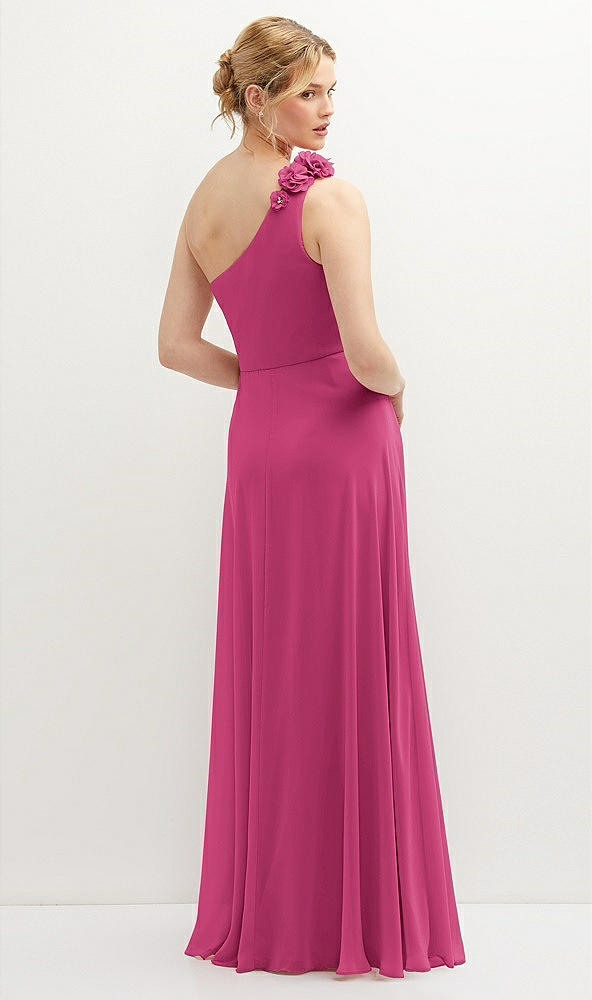 Back View - Tea Rose Handworked Flower Trimmed One-Shoulder Chiffon Maxi Dress