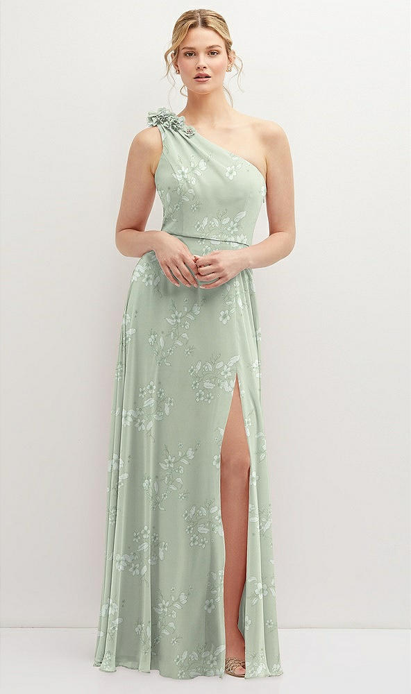 Front View - Vintage Primrose Sage Handworked Flower Trimmed One-Shoulder Chiffon Maxi Dress