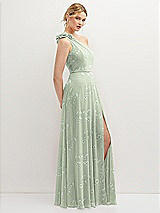 Side View Thumbnail - Vintage Primrose Sage Handworked Flower Trimmed One-Shoulder Chiffon Maxi Dress