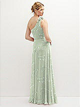 Rear View Thumbnail - Vintage Primrose Sage Handworked Flower Trimmed One-Shoulder Chiffon Maxi Dress