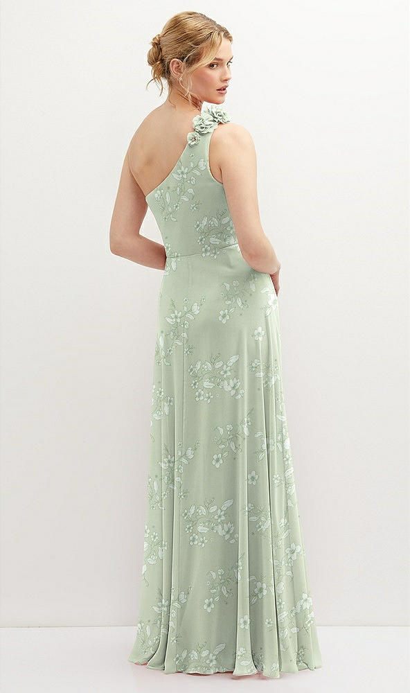 Back View - Vintage Primrose Sage Handworked Flower Trimmed One-Shoulder Chiffon Maxi Dress