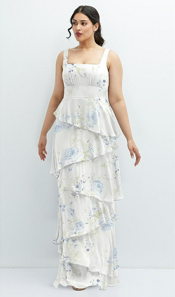 Front View - Bleu Garden Asymmetrical Tiered Ruffle Chiffon Maxi Dress with Square Neckline