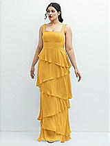 Front View Thumbnail - NYC Yellow Asymmetrical Tiered Ruffle Chiffon Maxi Dress with Square Neckline