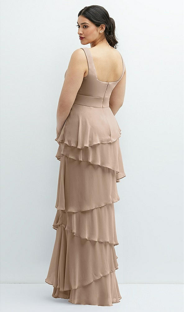 Back View - Topaz Asymmetrical Tiered Ruffle Chiffon Maxi Dress with Square Neckline