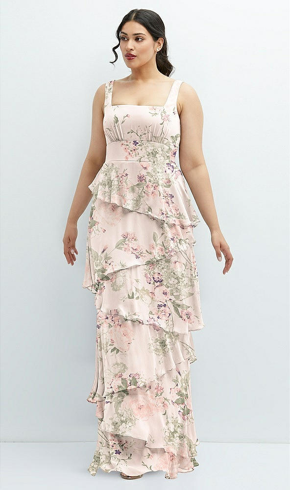 Front View - Blush Garden Asymmetrical Tiered Ruffle Chiffon Maxi Dress with Square Neckline