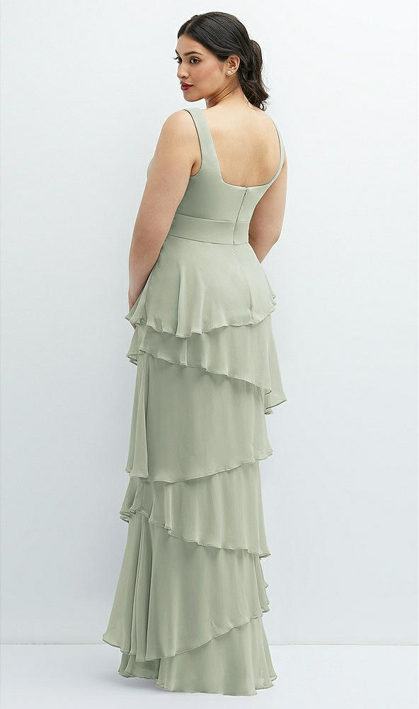 Back View - Celadon Asymmetrical Tiered Ruffle Chiffon Maxi Dress with Square Neckline