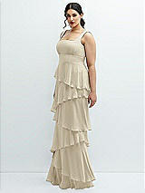 Side View Thumbnail - Champagne Asymmetrical Tiered Ruffle Chiffon Maxi Dress with Square Neckline