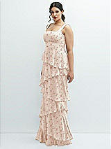 Side View Thumbnail - Coquette Floral Print Asymmetrical Tiered Ruffle Chiffon Maxi Dress with Square Neckline