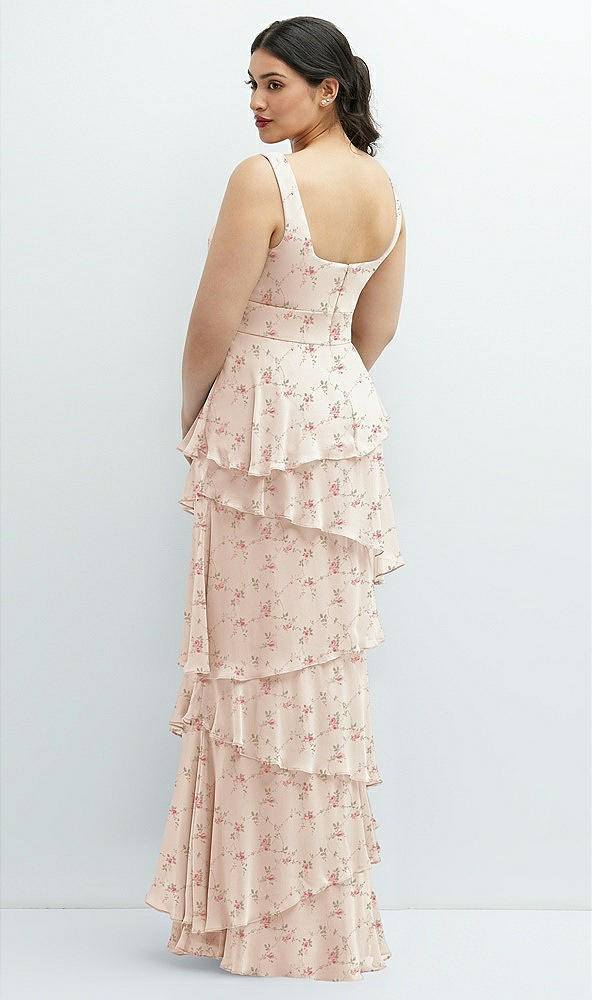 Back View - Coquette Floral Print Asymmetrical Tiered Ruffle Chiffon Maxi Dress with Square Neckline