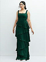 Front View Thumbnail - Hunter Green Asymmetrical Tiered Ruffle Chiffon Maxi Dress with Square Neckline