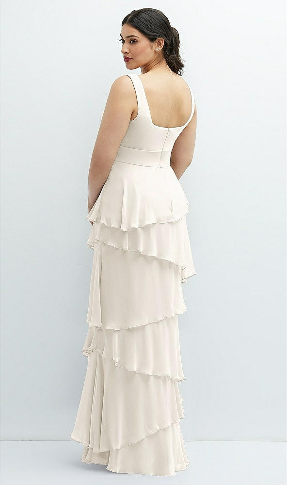 Back View - Ivory Asymmetrical Tiered Ruffle Chiffon Maxi Dress with Square Neckline