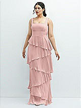 Front View Thumbnail - Rose - PANTONE Rose Quartz Asymmetrical Tiered Ruffle Chiffon Maxi Dress with Square Neckline