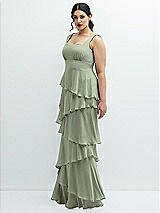 Side View Thumbnail - Sage Asymmetrical Tiered Ruffle Chiffon Maxi Dress with Square Neckline