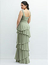 Rear View Thumbnail - Sage Asymmetrical Tiered Ruffle Chiffon Maxi Dress with Square Neckline