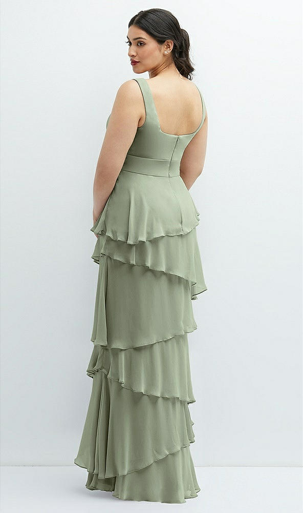 Back View - Sage Asymmetrical Tiered Ruffle Chiffon Maxi Dress with Square Neckline