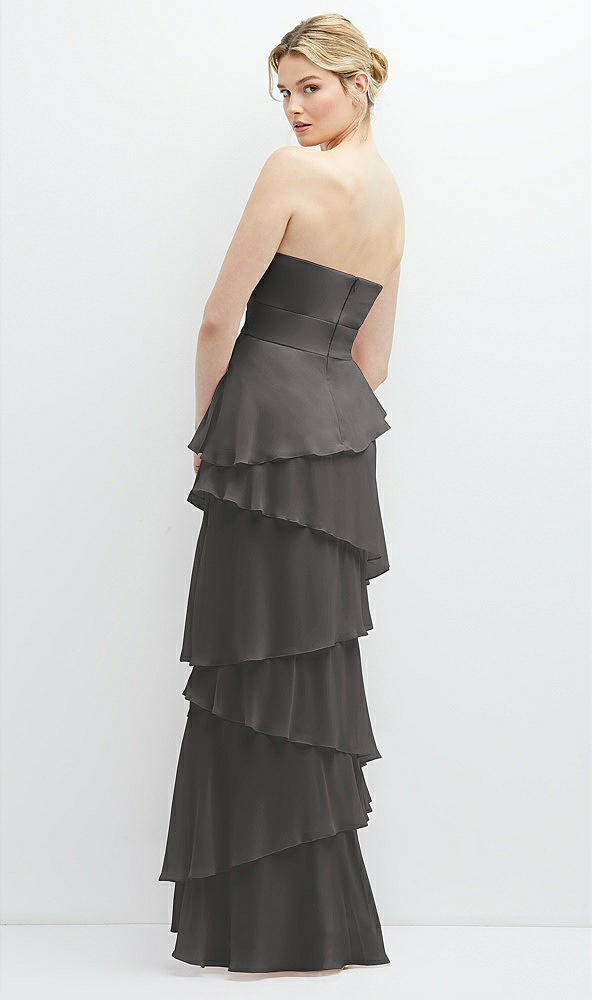 Back View - Caviar Gray Strapless Asymmetrical Tiered Ruffle Chiffon Maxi Dress