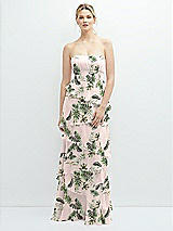 Front View Thumbnail - Palm Beach Print Strapless Asymmetrical Tiered Ruffle Chiffon Maxi Dress