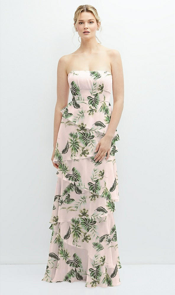 Front View - Palm Beach Print Strapless Asymmetrical Tiered Ruffle Chiffon Maxi Dress