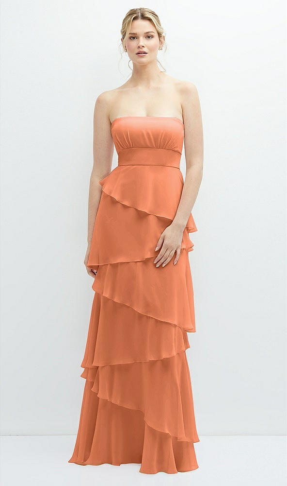 Front View - Sweet Melon Strapless Asymmetrical Tiered Ruffle Chiffon Maxi Dress