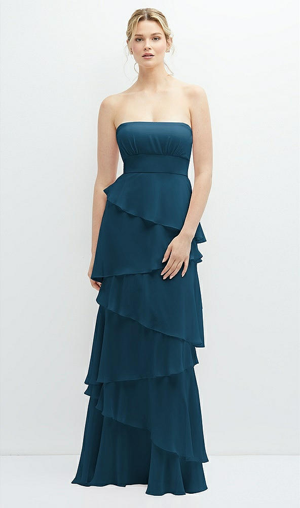 Front View - Atlantic Blue Strapless Asymmetrical Tiered Ruffle Chiffon Maxi Dress