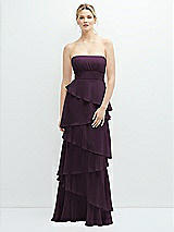 Front View Thumbnail - Aubergine Strapless Asymmetrical Tiered Ruffle Chiffon Maxi Dress