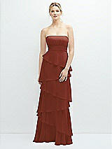 Front View Thumbnail - Auburn Moon Strapless Asymmetrical Tiered Ruffle Chiffon Maxi Dress