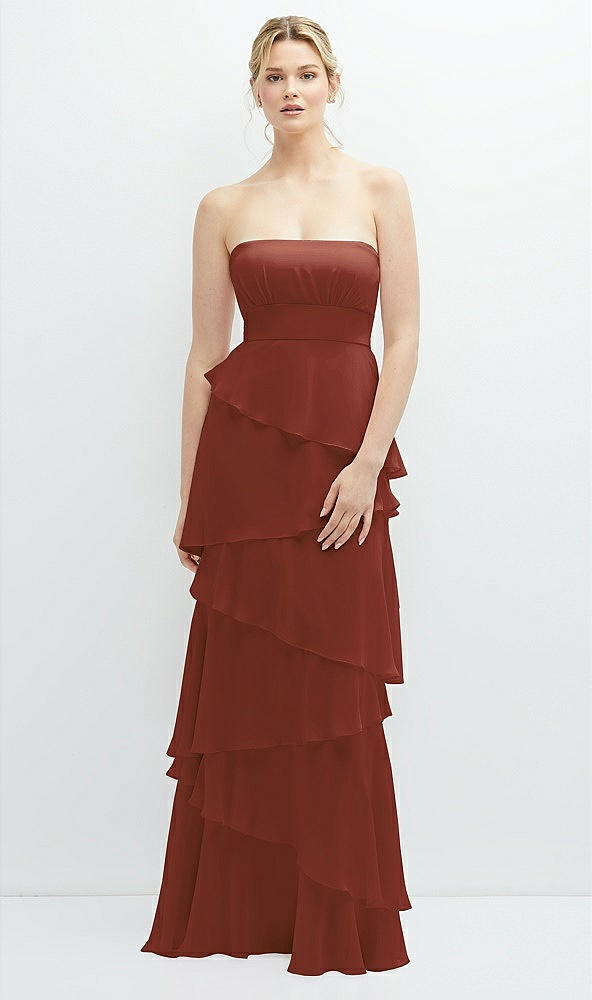 Front View - Auburn Moon Strapless Asymmetrical Tiered Ruffle Chiffon Maxi Dress