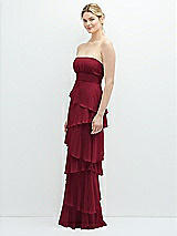 Side View Thumbnail - Burgundy Strapless Asymmetrical Tiered Ruffle Chiffon Maxi Dress