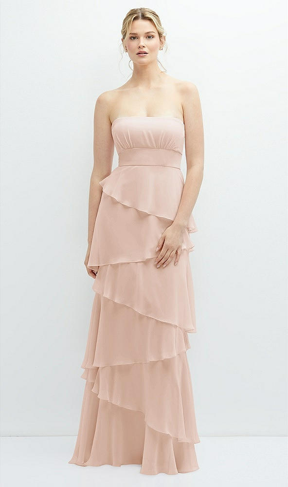 Front View - Cameo Strapless Asymmetrical Tiered Ruffle Chiffon Maxi Dress