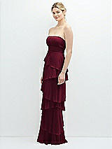 Side View Thumbnail - Cabernet Strapless Asymmetrical Tiered Ruffle Chiffon Maxi Dress