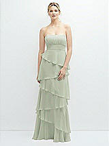 Front View Thumbnail - Celadon Strapless Asymmetrical Tiered Ruffle Chiffon Maxi Dress