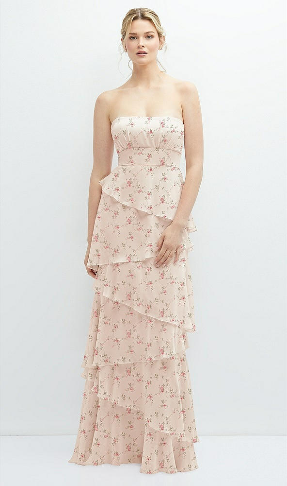 Front View - Coquette Floral Print Strapless Asymmetrical Tiered Ruffle Chiffon Maxi Dress