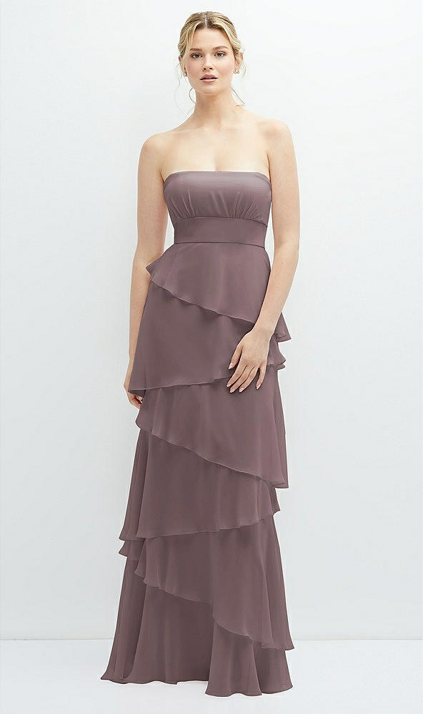 Front View - French Truffle Strapless Asymmetrical Tiered Ruffle Chiffon Maxi Dress