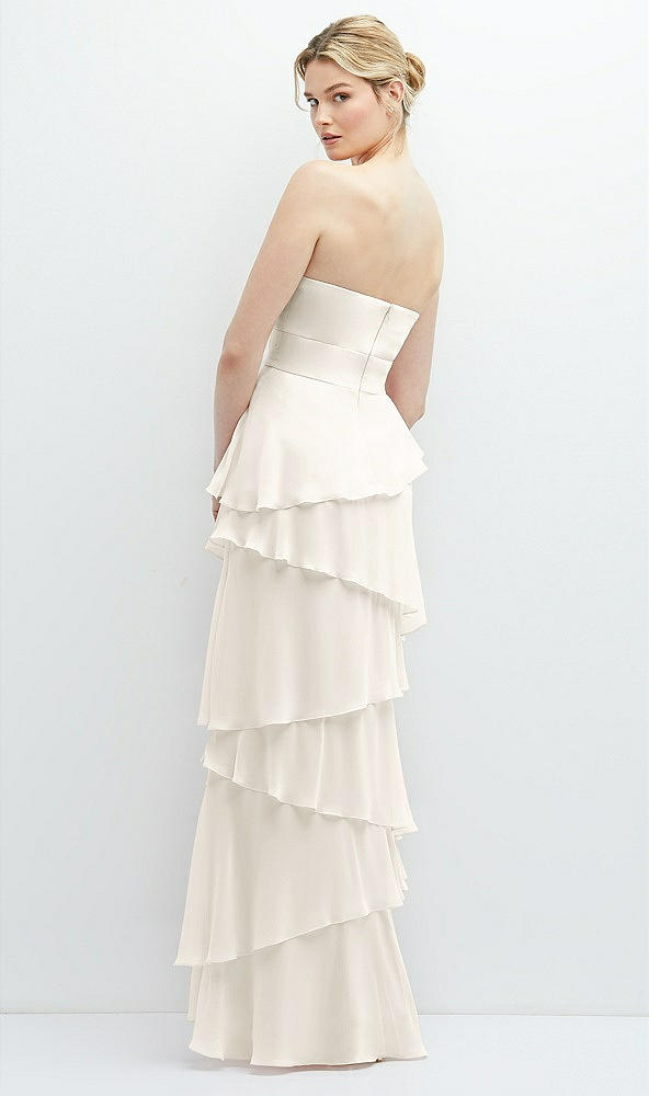 Back View - Ivory Strapless Asymmetrical Tiered Ruffle Chiffon Maxi Dress