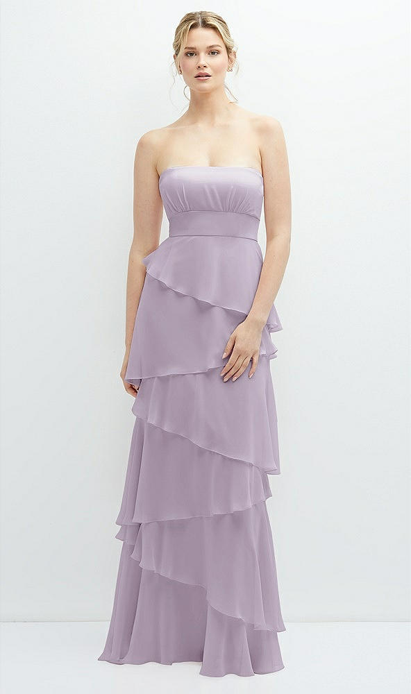 Front View - Lilac Haze Strapless Asymmetrical Tiered Ruffle Chiffon Maxi Dress