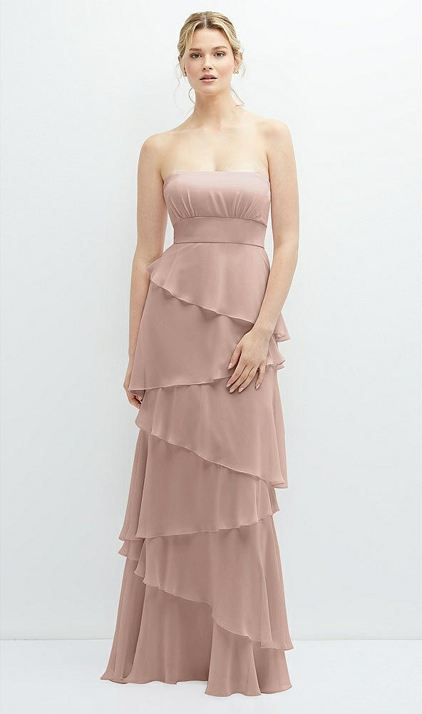 Front View - Neu Nude Strapless Asymmetrical Tiered Ruffle Chiffon Maxi Dress