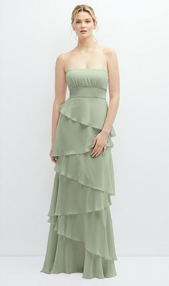 Front View - Sage Strapless Asymmetrical Tiered Ruffle Chiffon Maxi Dress