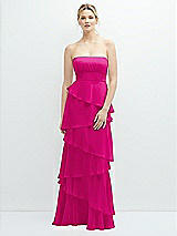 Front View Thumbnail - Think Pink Strapless Asymmetrical Tiered Ruffle Chiffon Maxi Dress