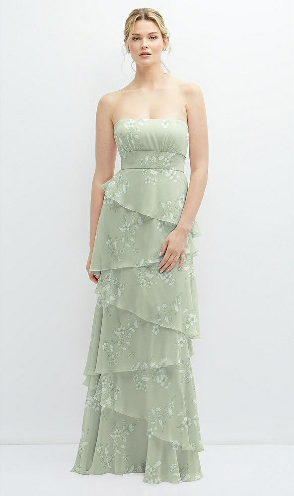 Front View - Vintage Primrose Sage Strapless Asymmetrical Tiered Ruffle Chiffon Maxi Dress