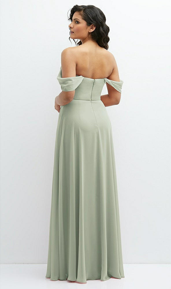 Back View - Celadon Chiffon Corset Maxi Dress with Removable Off-the-Shoulder Swags