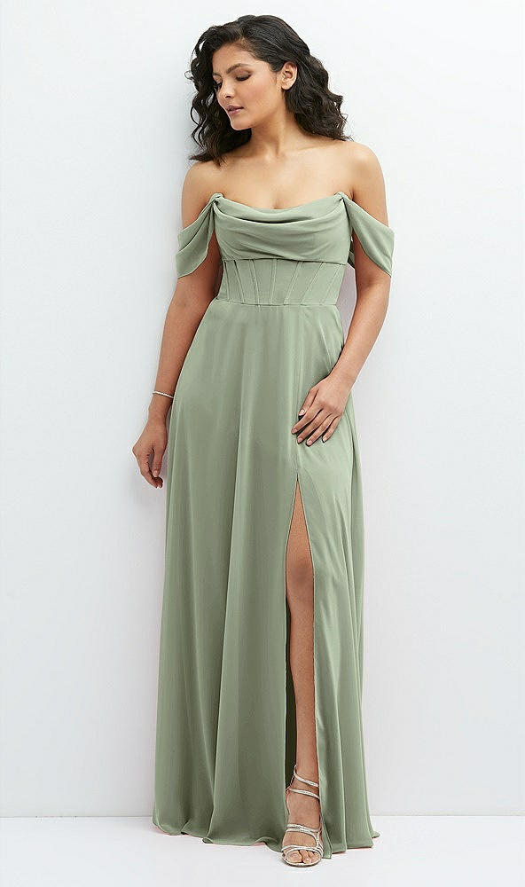 Front View - Sage Chiffon Corset Maxi Dress with Removable Off-the-Shoulder Swags