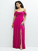 Front View Thumbnail - Think Pink Chiffon Corset Maxi Dress with Removable Off-the-Shoulder Swags