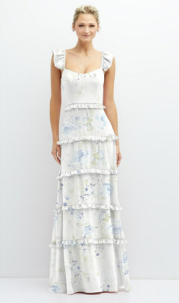 Front View - Bleu Garden Tiered Chiffon Maxi A-line Dress with Convertible Ruffle Straps