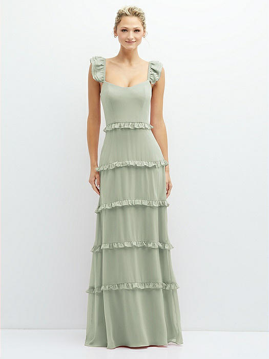 Tiered Chiffon Maxi A-line Dress with Convertible Ruffle Straps