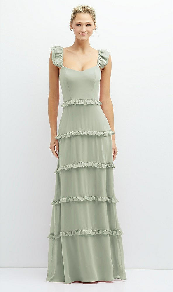 Front View - Celadon Tiered Chiffon Maxi A-line Dress with Convertible Ruffle Straps