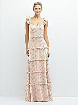 Front View Thumbnail - Coquette Floral Print Tiered Chiffon Maxi A-line Dress with Convertible Ruffle Straps