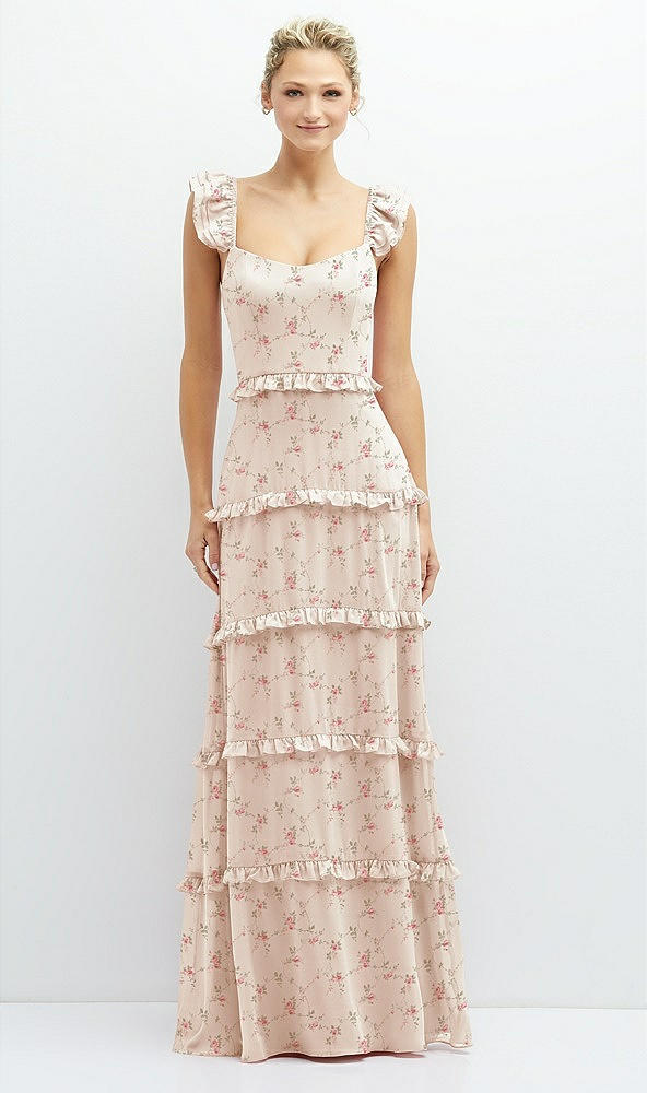 Front View - Coquette Floral Print Tiered Chiffon Maxi A-line Dress with Convertible Ruffle Straps