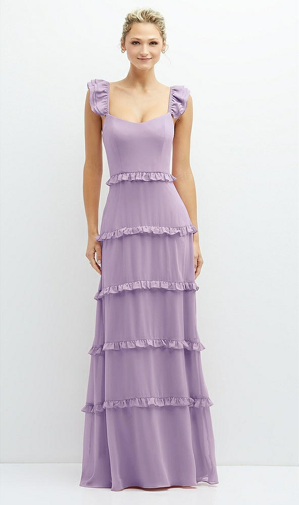 Front View - Pale Purple Tiered Chiffon Maxi A-line Dress with Convertible Ruffle Straps