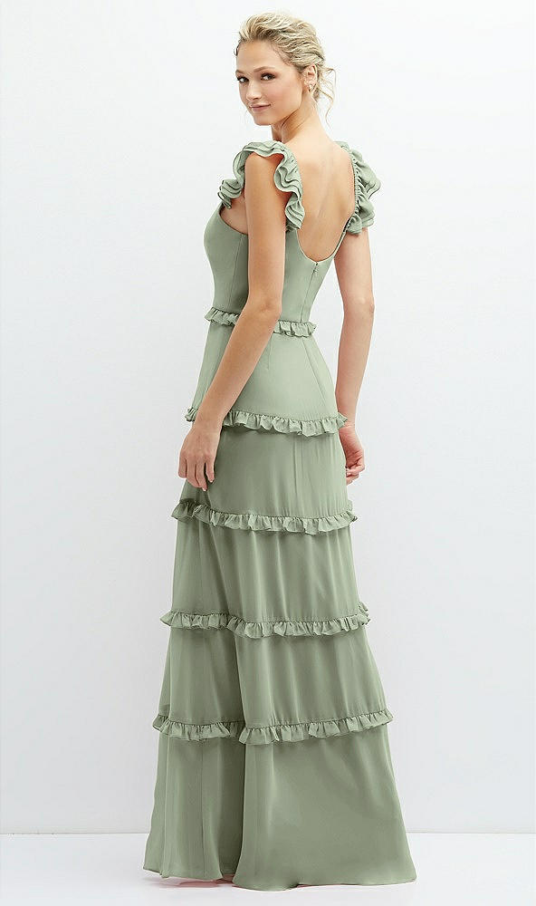 Back View - Sage Tiered Chiffon Maxi A-line Dress with Convertible Ruffle Straps